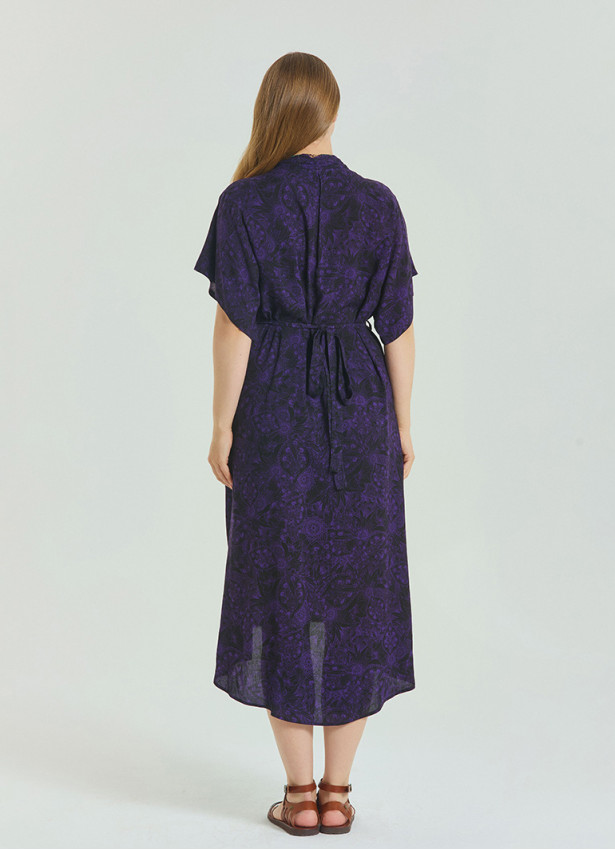 V Neck Pleated Detail Purple Summer Plus Size Dress 4605